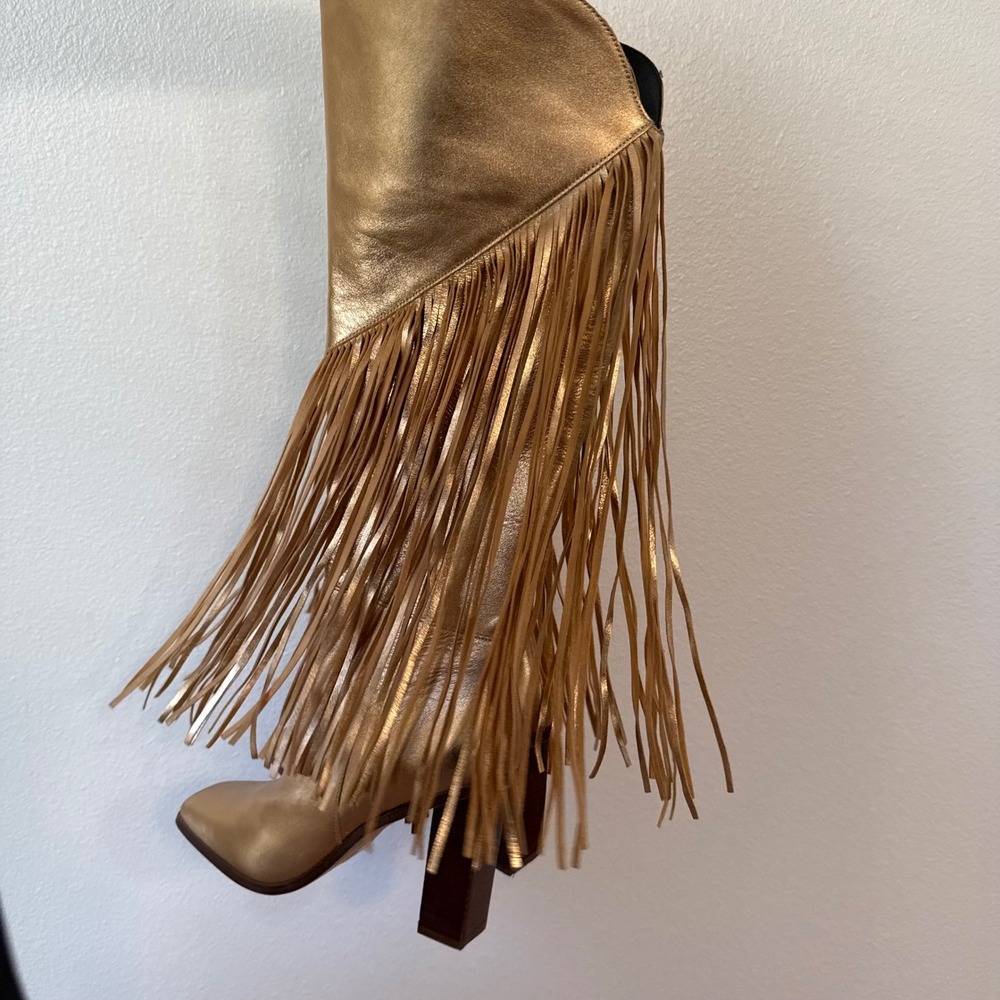 Western Festival Fringe Cowgirl Metallic Knee High Boots Womens 9.5M Gold